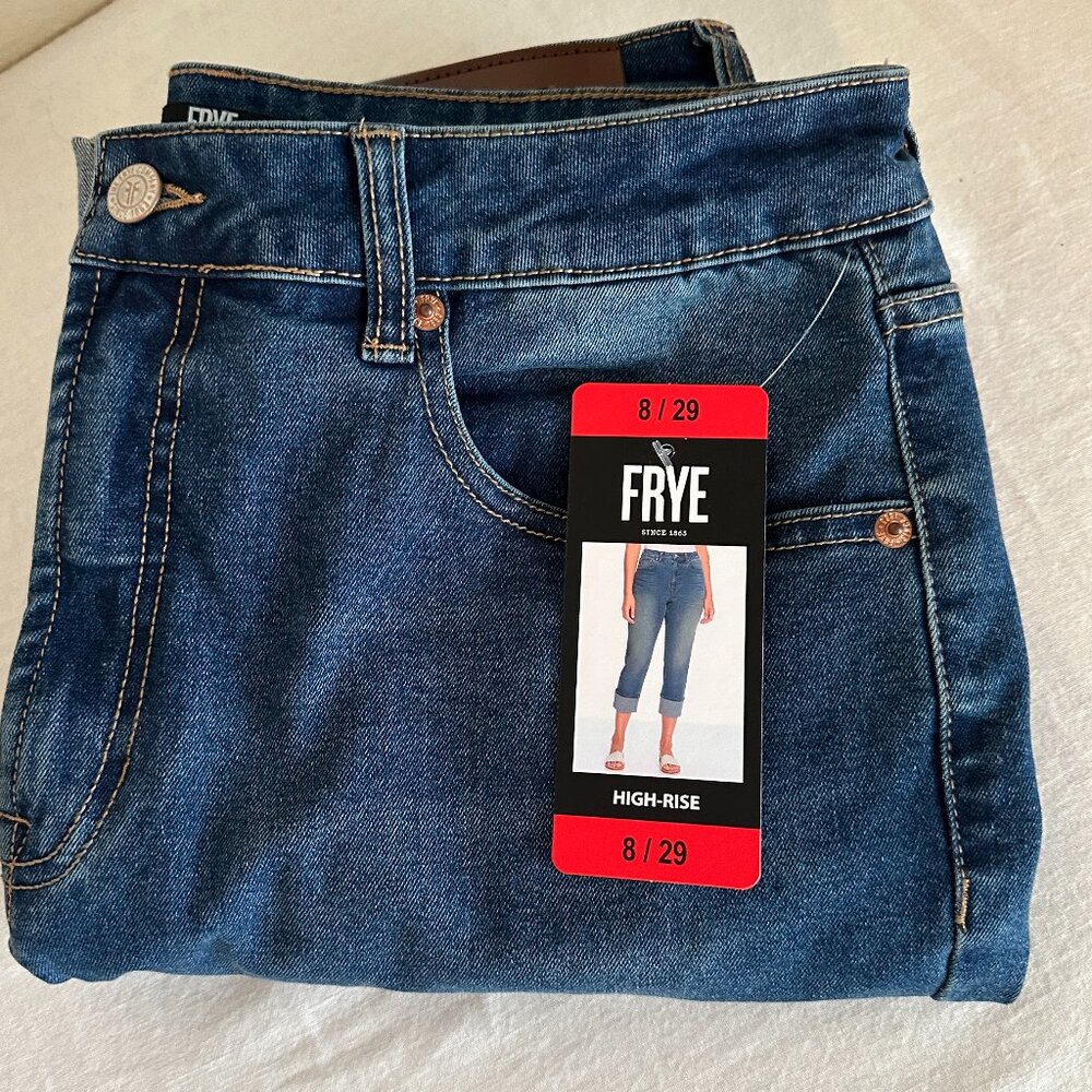 Frye Women's Stretch Jeans Size 8 Blue High Rise Straight Leg Cuffed Crop (NEW) - Picture 6 of 15